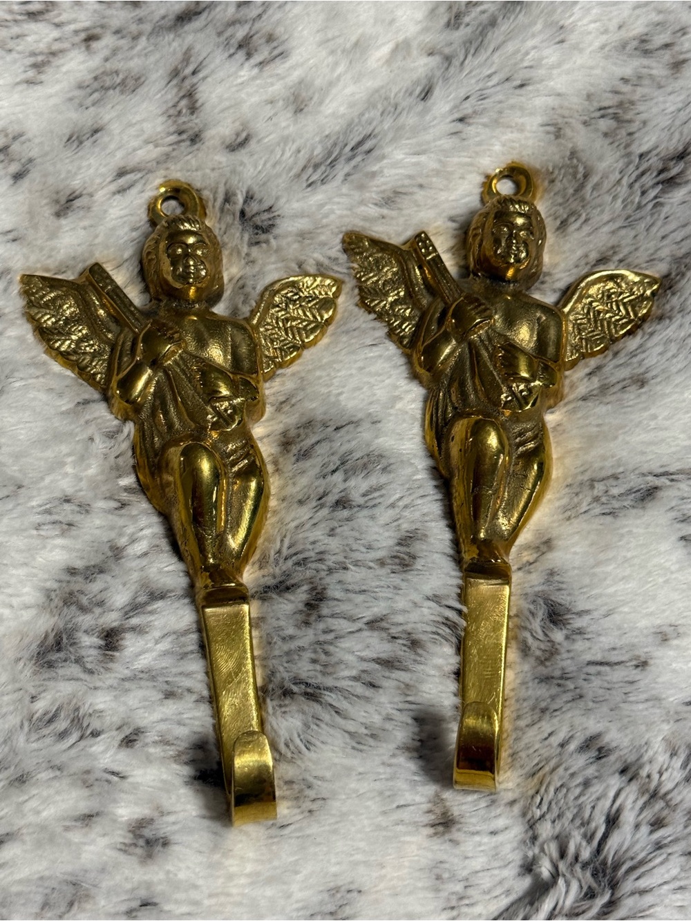 Vintage Brass Angel Cherub Christmas Stocking Hanger Holders Set